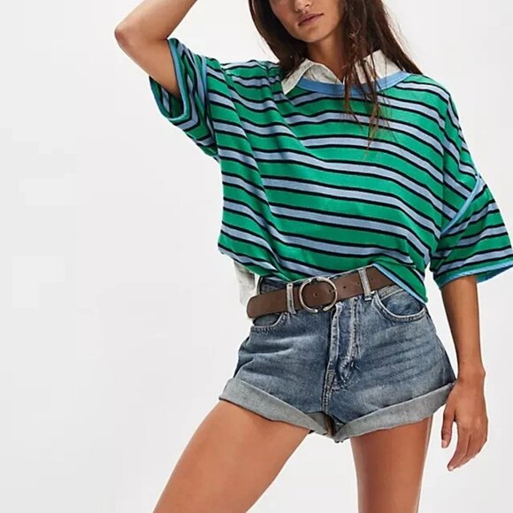 Free People We The Free Clean Rugby Tee Striped Printed Cropped Top Medium M NWT - Picture 1 of 4